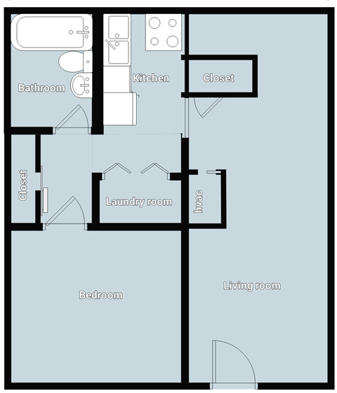 A floor plan of a house with a living room, bedroom, bathroom, kitchen, laundry room, and closet.
